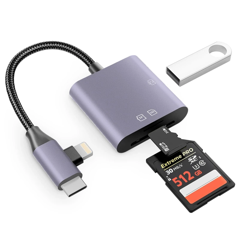 3-In-2 SD Card Reader for iPhone, iPad, USB C and Lightning Dual Port SD Card Adapter,Memory Card Reader for Camera Adapter,Type C OTG Adapter,Support SD, Micro SD, USB,Plug and Play