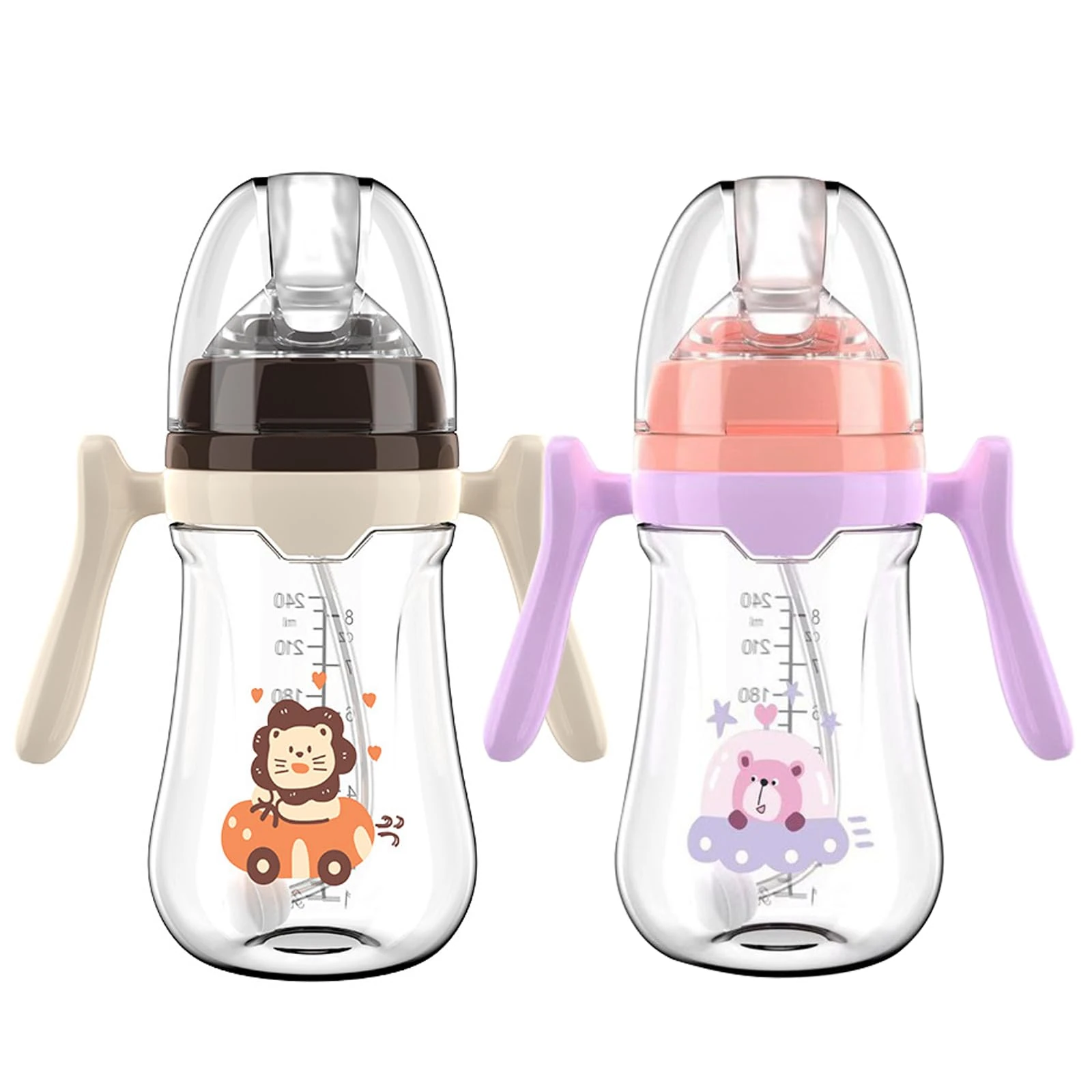 2 Pack Baby Sippy Cup Months 6+, Non Spill Cups for Toddlers, Weighted Straw Baby Straw Cup with Handles, Spill-Proof, Leak-Proof Soft Spout Cups 240ml/8oz, BPA Free (Black/Purple)