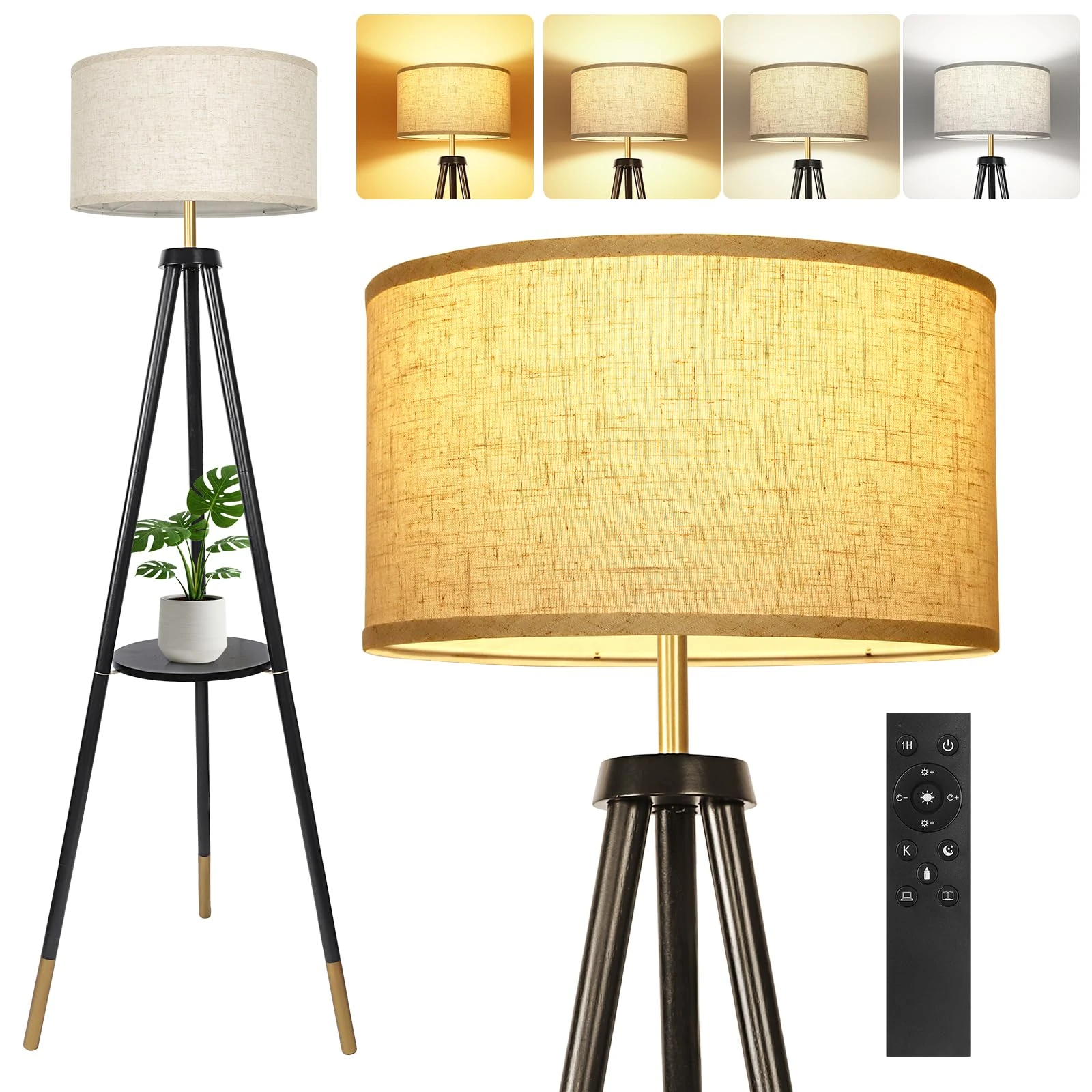 OUTON Solid Wooden Tripod Floor Lamp, Bulb Included, Standing Lamp with Remote Control, Dimmable & 4 Color Temperatures, 1H Timer, Floor Lamp with Storage Shelf for Living Room, Black