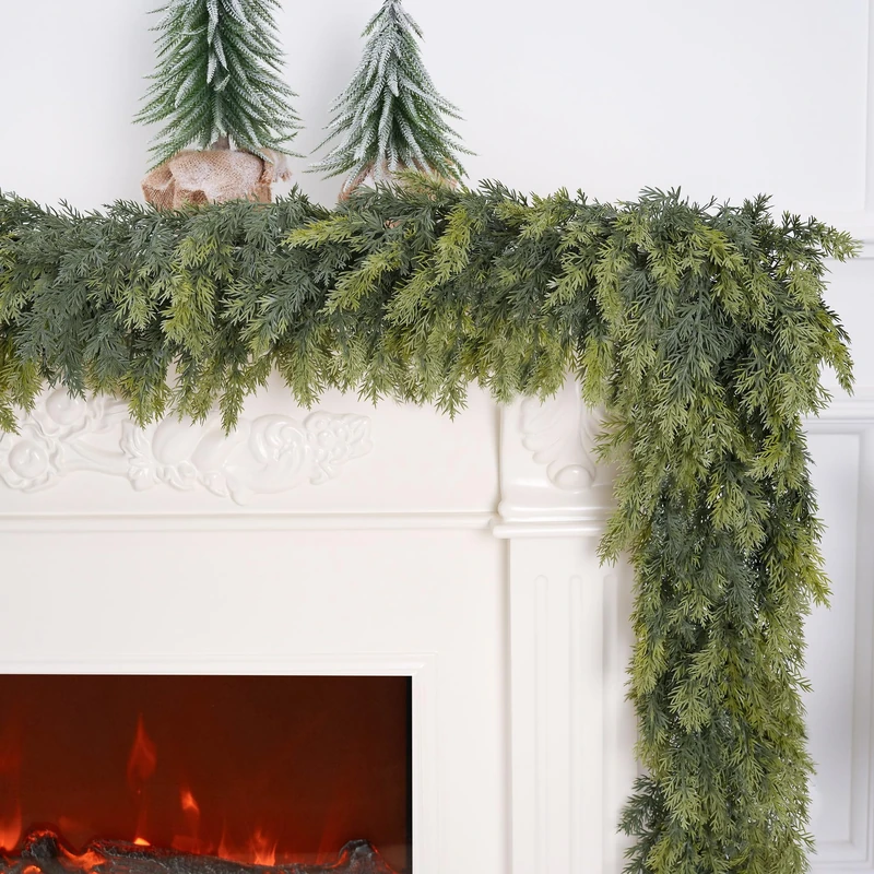2PCS 9FT Christmas Cedar Garland Artificial Realistic Green Faux Real Touch Winter Pine Garland for Mantle Fireplace Wall Table Indoor Outdoor Decoraiton