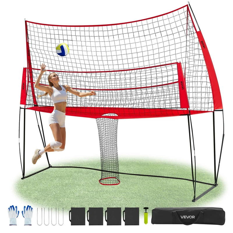 VEVOR 2-in-1 Volleyball Training Net System, Freely Height-Adjustable Practice Equipment with Ball Return, Portable Net Station, Easy Setup for Backyard Indoor Outdoor Serving Spiking Improve Accuracy - Image 1