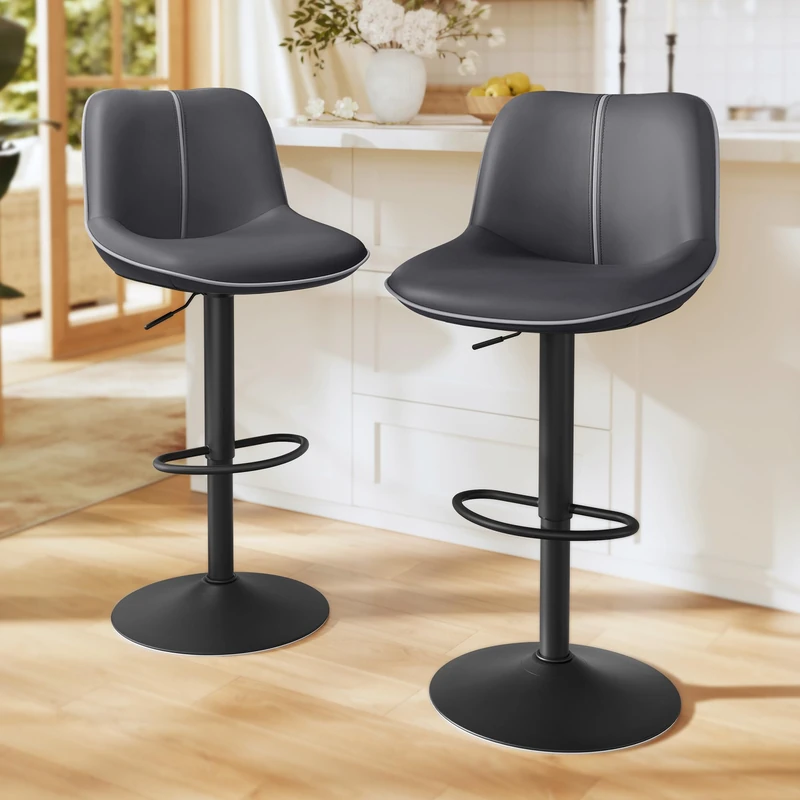 VASAGLE Bar Stools Set of 2, Height Adjustable Swivel Kitchen Stools, Quilt, Synthetic Leather Bar Chairs with Back and Footrest, Dining Room, Counter, Steel