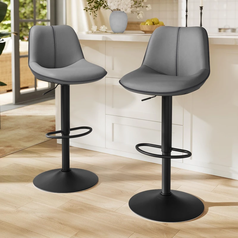 VASAGLE Bar Stools Set of 2, Height Adjustable Swivel Kitchen Stools, Quilt, Synthetic Leather Bar Chairs with Back and Footrest, Dining Room, Counter, Steel