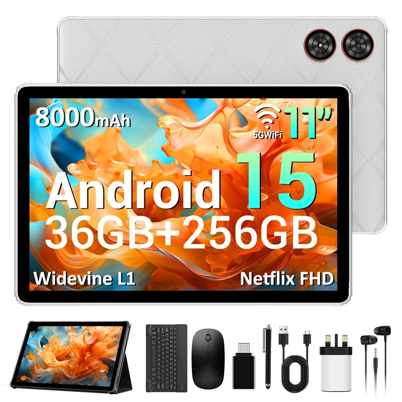 AXETOP 11 inch Tablet with Case, Android 15 Tablet, 36GB RAM+256GB ROM, Octa-Core, FHD Display, 5G WiFi丨13MP + 8MP丨Widevine L1丨8000mAh丨BT5.0, 2 in 1 Tablets with Keyboard, Mouse, Stylus - Gray