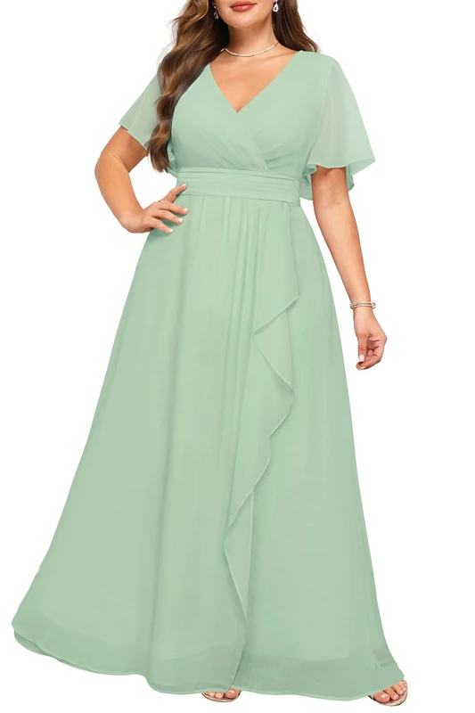 Talisea Plus Size Formal Dresses - Wedding Guest Bridesmaid Evening Prom Chiffon V Neck Ruffle Short Sleeves Long Dress Women, Sage Green, 24 Plus - Image 1