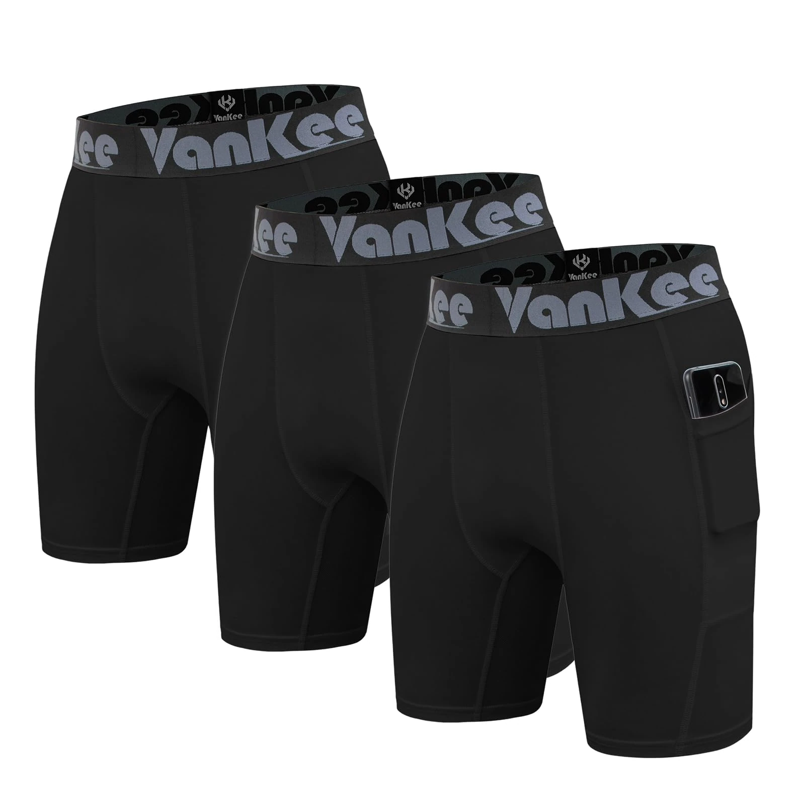 VanKee Men's Compression Shorts with Pocket Sport Anti Chafing Wicking Fabric Quick Dry Base Layer Short Sports Underwear for Running Cycling Workout Football
