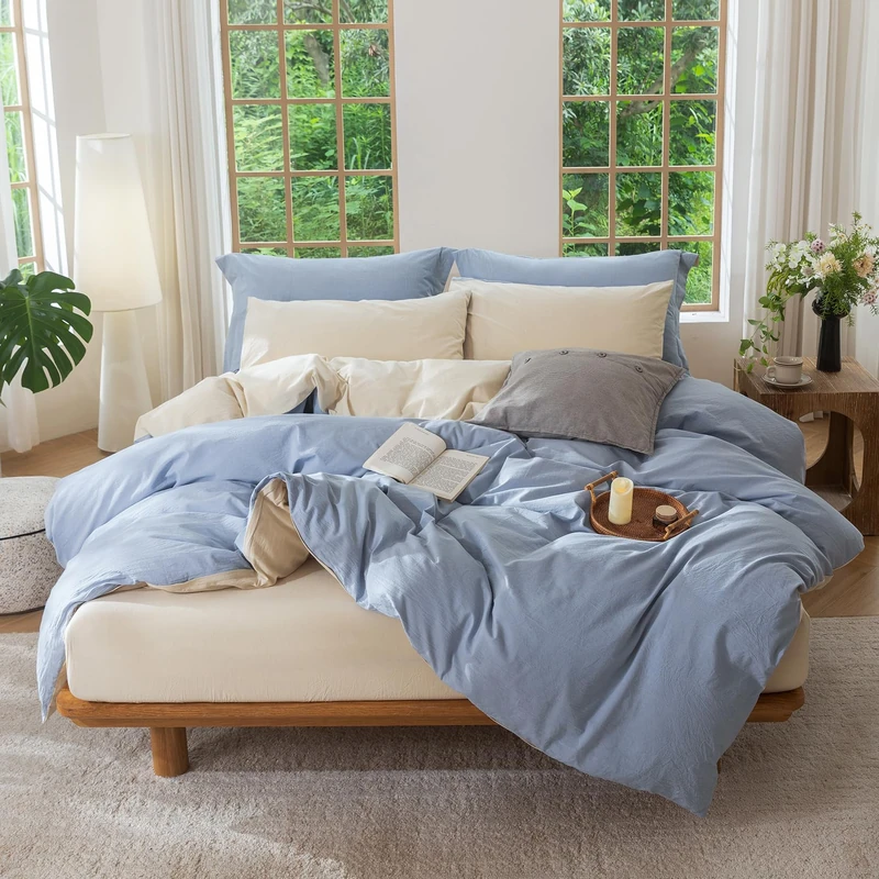 BDEAR INS Feel Double Sided Reversible Duvet Cover Queen Size 90''W x 90''L, Oeko TEX Standard Washed Cotton Duvet Cover with Zipper Closure Plus 2 Pillowcases, Cornflower Blue Plus Almond Milk Grey