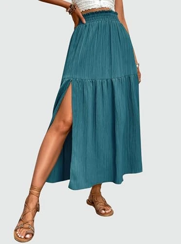 Women Side Slit Split High Waisted Midi Skirts Pleated Linen Long Skirt, Lake Blue, Small