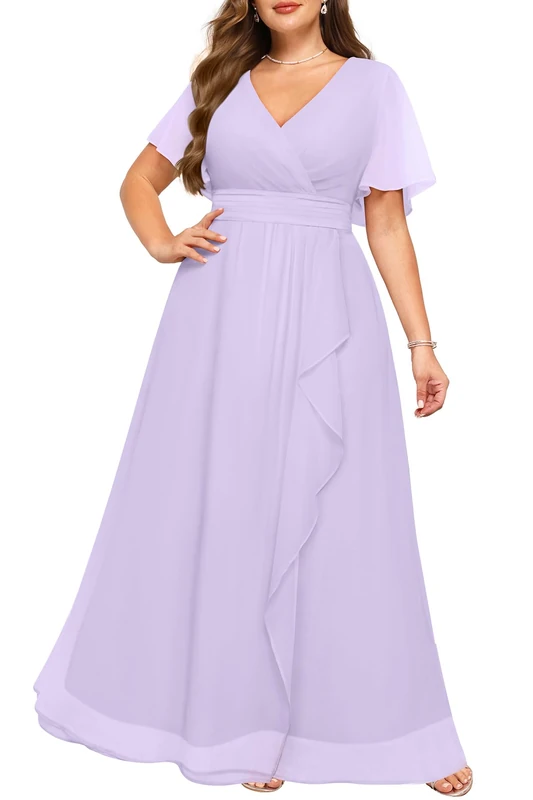 Talisea Plus Size Formal Dresses - Wedding Guest Bridesmaid Evening Prom Chiffon V Neck Ruffle Short Sleeves Long Dress Women, Light Lavender, 24 Plus