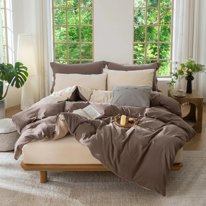 BDEAR 3 Pieces Reversible Duvet Cover Set King Size 104''W x 90''L, 100% Washed Cotton Duvet Cover with Zipper Closure Plus 2 Pillowcases, Double Sided with Light Chocolate Brown Plus Sandy Beige