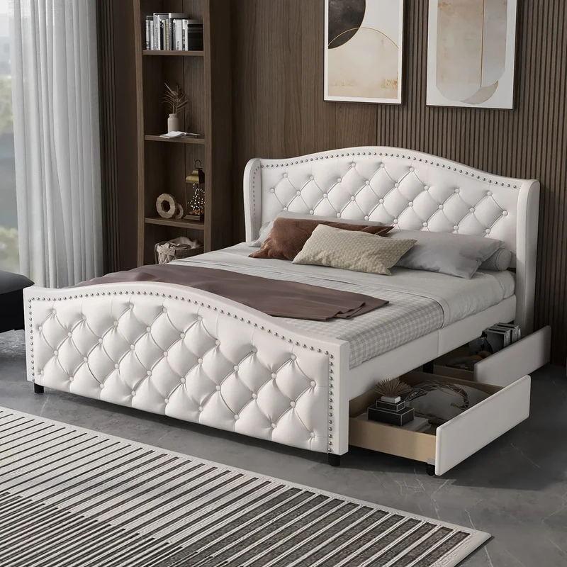 Ball & Cast Upholstered Double Bed-Frame, PU Leather Storage Platform Bed w/2 Drawers & Ear-shaped Side Panel Headboard, 4ft(135x190cm)Button Tufted Beds w/Nail Heads, Slats Support,No Mattress, White
