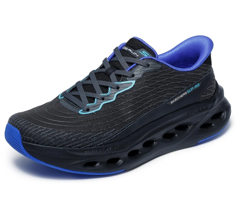 Skechers Men's Max Cushioning Glide-Step Sapphire Sneaker, Black and Blue Textile/Synthetic, 7.5 UK