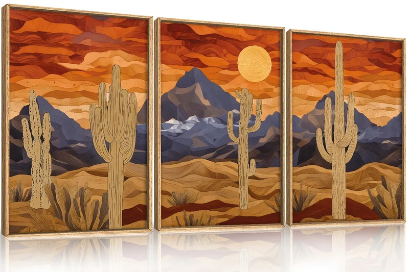 HPNIUB Mountains Desert Framed Canvas Wall Art Set, Abstract Sun Art Prints, Modern Cactus Paintings Artwork, Mid Century Southwestern Landscape Wall Decor for Living Room, Bedroom, Office-16 x24 x3