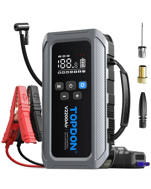 Jump Starter Power Pack with Air Compressor, TOPDON V2200Air Car Battery Booster Pack Car Jump Starter Power Bank with Jump Leads, LCD Screen, 4 Mode Emergency Lights