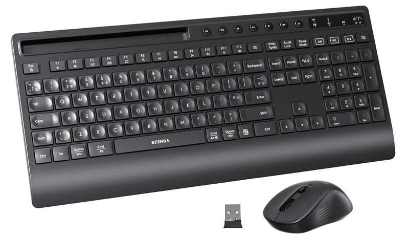 seenda COE201 Wireless Bluetooth Keyboard and Mouse - Full Size Multi-Device Ergonomic Set with Wrist Rest & Phone Holder, Quiet Typing for PC, Laptop, Desktop, Tablet, MacBook, iMac, iPad (Black)