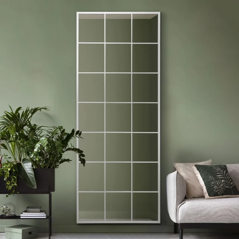 MirrorOutlet The Fenestra - White Modern Window Full Length Leaner/Wall Mirror 79" X 31" (200CM X 80CM) Silver Mirror Glass with Black Metal Frame.