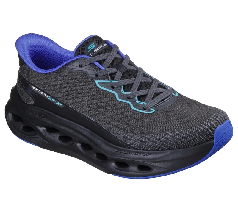 Skechers Men's Max Cushioning Glide-Step Sapphire Sneaker, Black and Blue Textile/Synthetic, 9.5 UK
