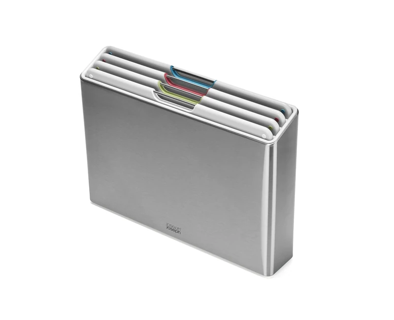 Joseph Joseph Folio 4-Piece Colour Coded Chopping Board Set, Stainless Steel Slimline Case for Organised Kitchen Storage, Light Stone
