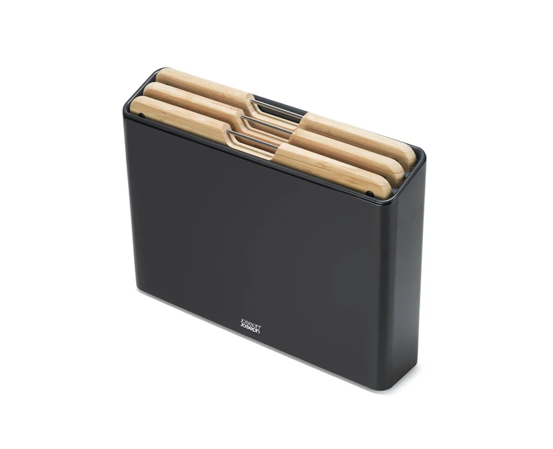 Joseph Joseph Folio 3-Piece Premium Bamboo Wood Chopping Board Set, Slimline Stainless Steel Case for Organised Kitchen Storage, Black