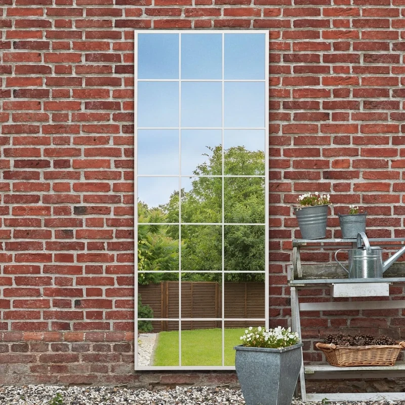 MirrorOutlet The Genestra - White Modern Window Full Length Garden Wall Mirror 79" X 31" (200CM X 80CM) Silver Mirror Glass with Black Metal Frame.