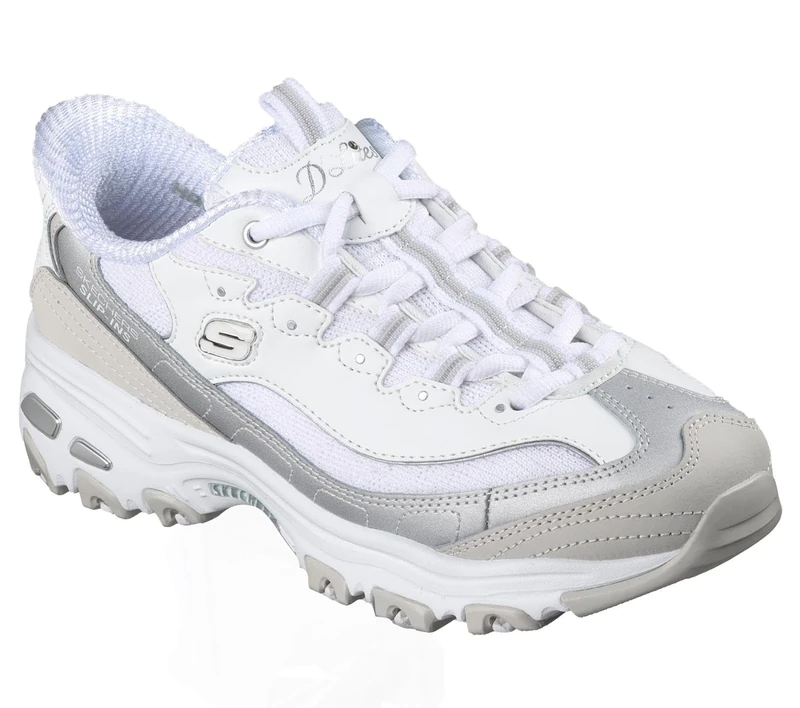 Skechers Women's D'Lites Smooth Nostalgia Slip-On Sneakers, White Leather/Duraleather/Mesh/Silver Trim, 6 UK - Image 1