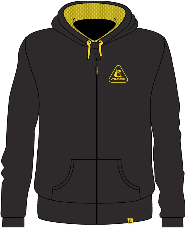 Cressi Hoodie Unisex W/Zip Black/Yellow S - Sports Sweatshirt with Long Sleeves, Drawstring Hood, 2 Pockets, Front Zipper, Embroidery Logo, Black/Yellow, S, Unisex