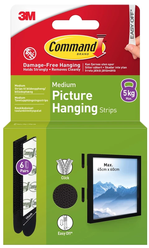Command Picture Hanging Adhesive Strips, Medium, 6 Pairs (12 Strips) Black - for Pictures, Frames, Mirrors, Wall Decor - Damage Free Hanging