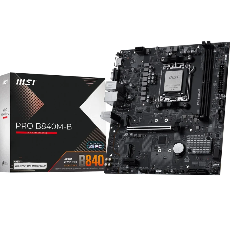 MSI PRO B840M-B Motherboard, mATX - Supports AMD Ryzen 9000/8000 / 7000 Processors, AM5 - DDR5 Memory Boost (8000+ MT/s OC), PCIe 4.0 x16, M.2 Gen4, 2.5G LAN