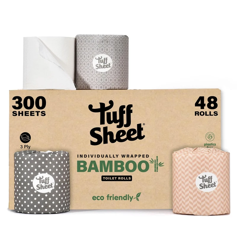 48 Pack Bamboo Wrapped Toilet Rolls 3-Ply Strength, Plastic-Free Toilet Paper, 300 Sheets, Recycled Packaging, Sustainably Sourced, Eco-Friendly & Biodegradable Bathroom Tissues