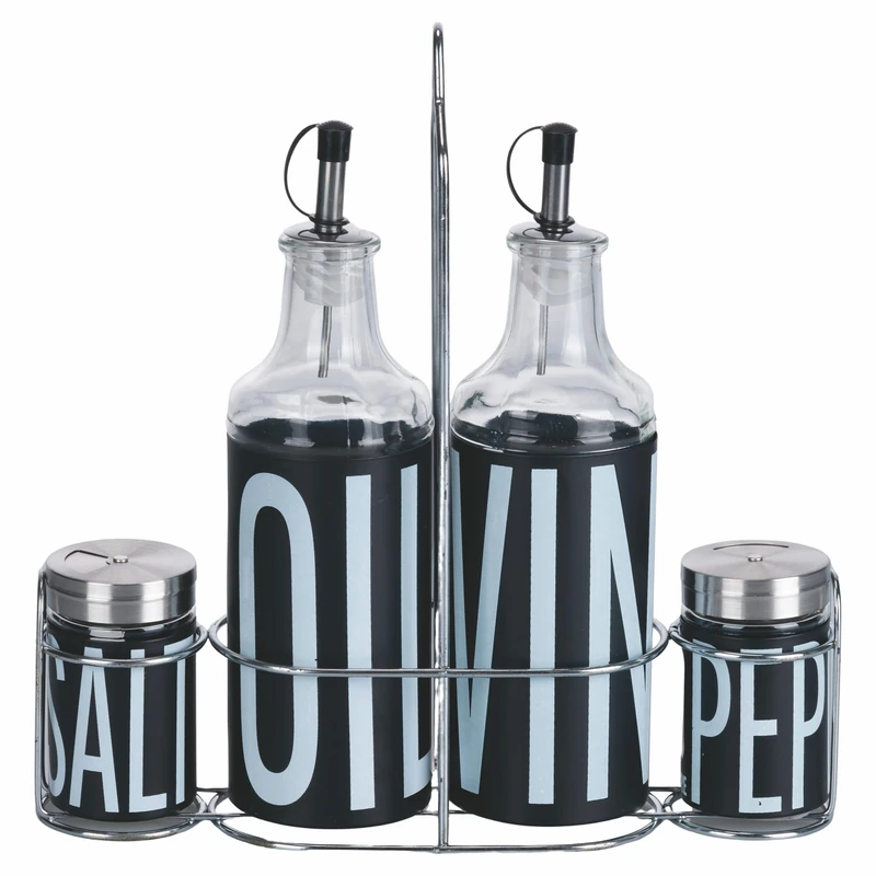 Villa d'Este Home Tivoli 1996 Oil Seasoning Set, Vinegar, Salt and Pepper in Glass and Stainless Steel, Iron Stand, Black, Bigismore - Image 1