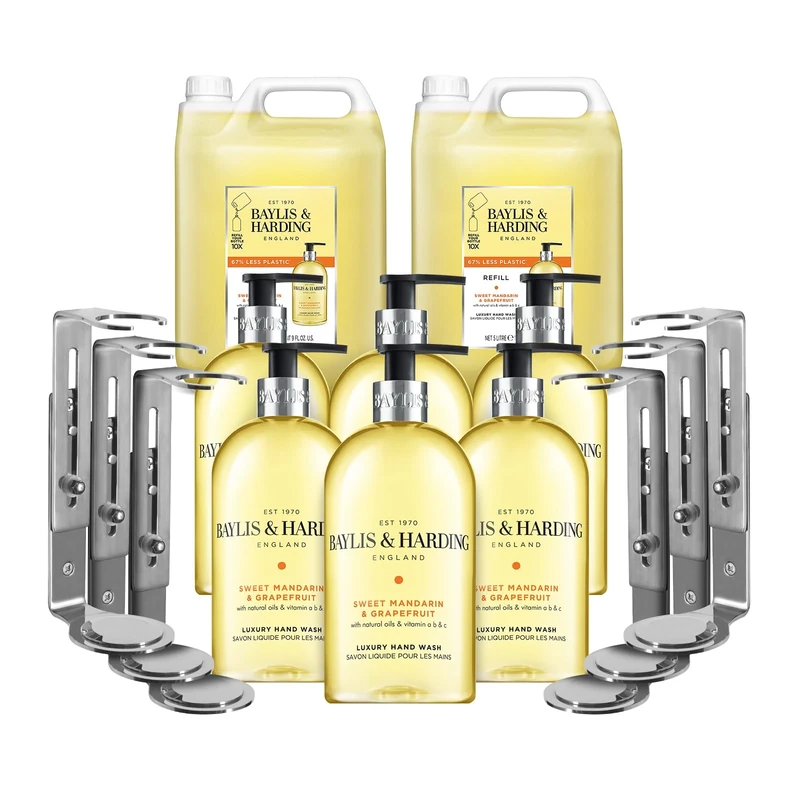 Baylis & Harding Sweet Mandarin and Grapefruit Hand Wash & Bracket Business Bundle: 6 x Wall Bracket, 6 x 500 ml Bottles & 2 x 5 Litre Refills - Vegan Friendly