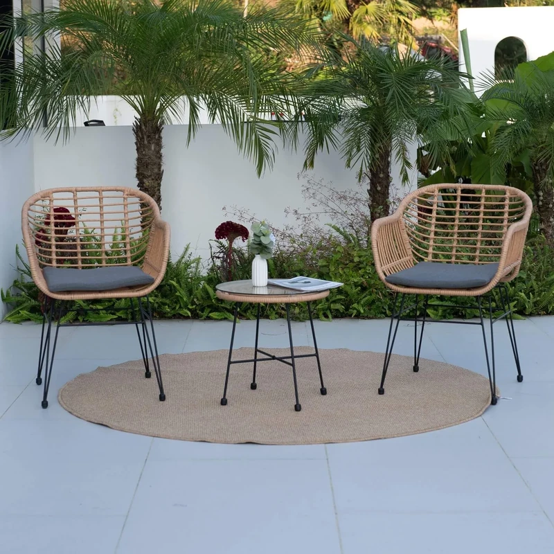 Home Source Flora Bistro Set, Outdoor Patio Garden Furniture Table and Chairs, Wicker, Natural