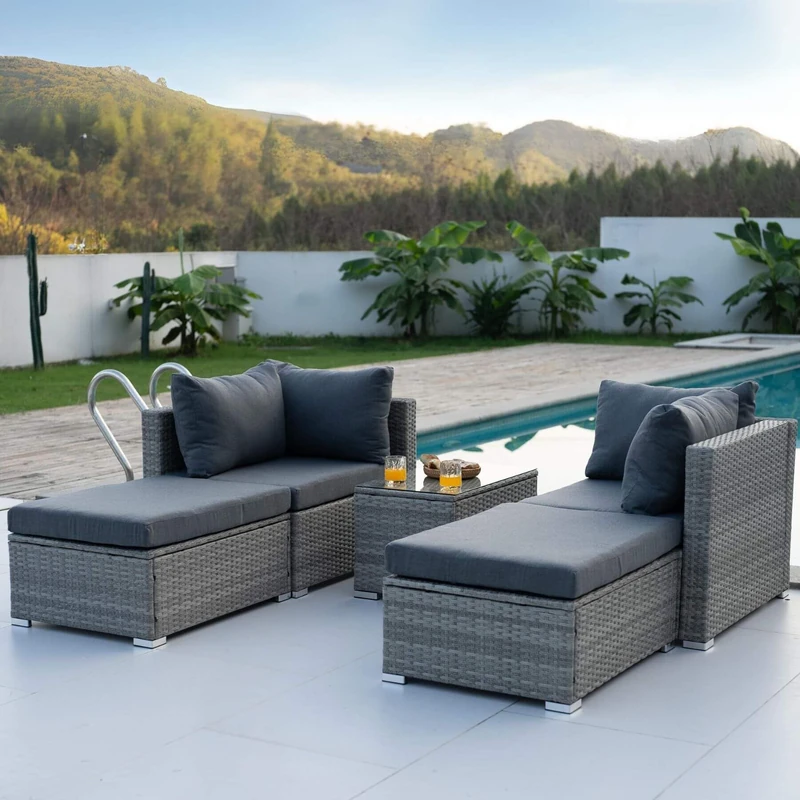 Home Source Solara Sofa Set, Outdoor Patio Garden Furniture Table and Chairs, Wicker, Grey