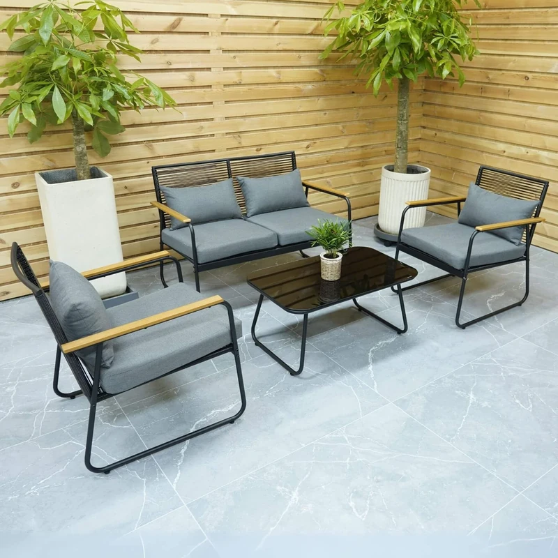 Home Source Cove Bistro Set Outdoor Patio Garden Furniture Table Table and Chaiirs, Metal Frame, Grey