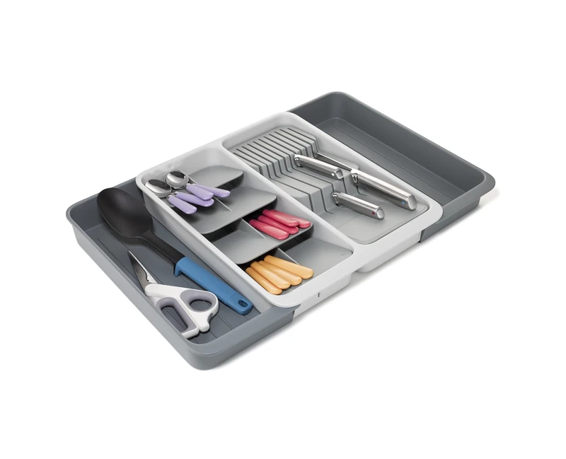 Joseph Joseph DrawerStore Expanding Tiered Cutlery Tray with Knife Organiser, Expandable in Drawer Space Saving Kitchen Storage, Recycled Plastic, Gray