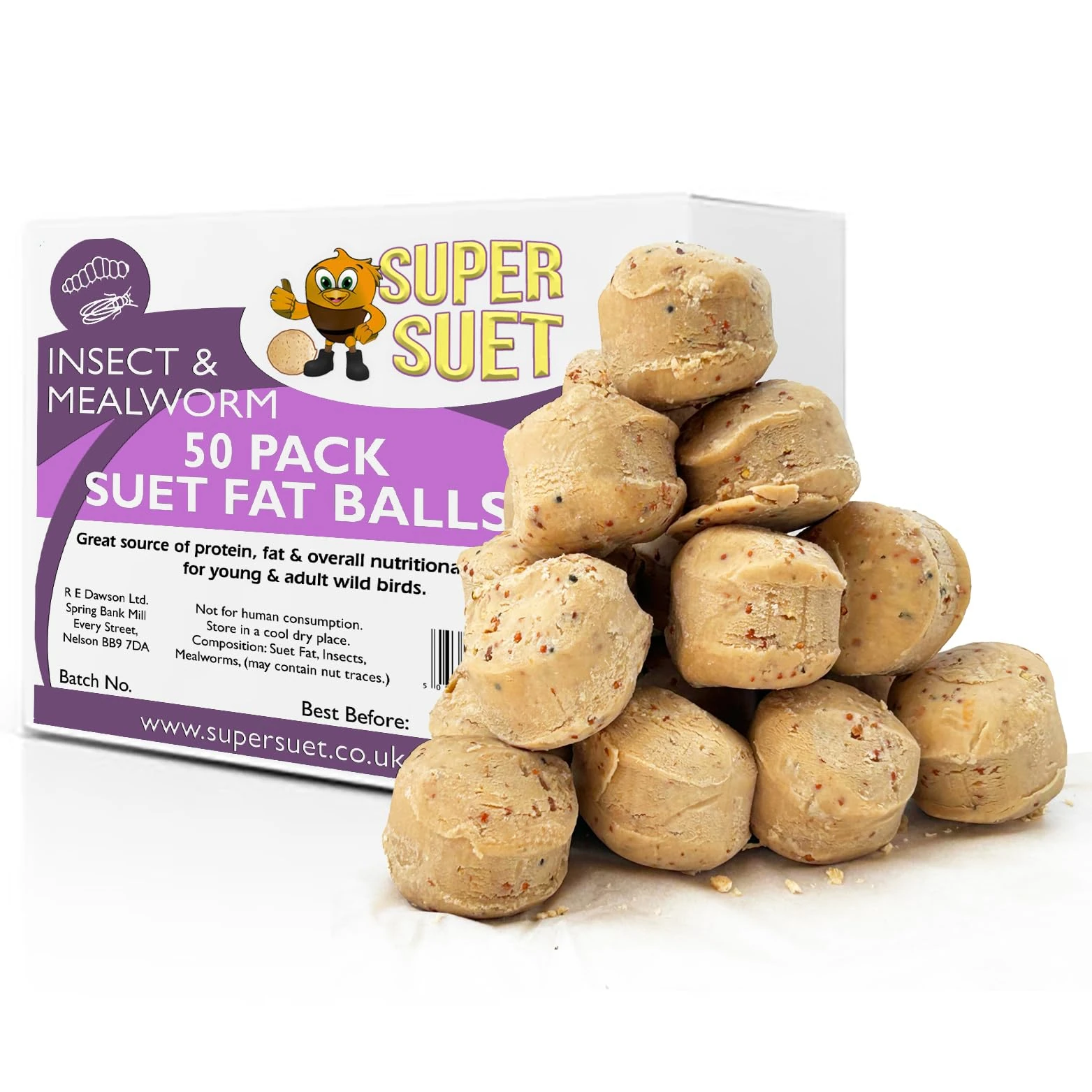 Super Suet Premium High Fat Suet Pellets Ultra High Energy Insect & Mealworm Special Blend Bird Feed ideal for all Garden Birds Food. (4.25kg, 50 Fat Balls)