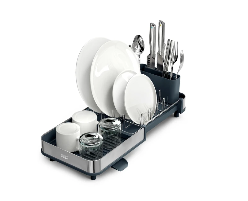 Joseph Joseph Extend Slim Steel Expandable Compact Dish Drainer Rack With Removable Cutlery Holder, Swivel Draining Spout, Grey