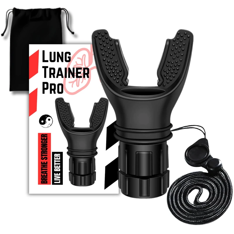 Lung Trainer Pro, Resistance Breathing Exerciser, Adjustable Respiratory Training Device for Athletes & Fitness, Portable & Easy to Clean with Neck Strap & Carry Pouch - Carbon Black