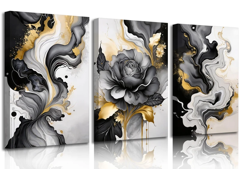 GKQNMU 3pcs Black Grey And Gold Marble Wall Art Canvas Wrapping 16x24in