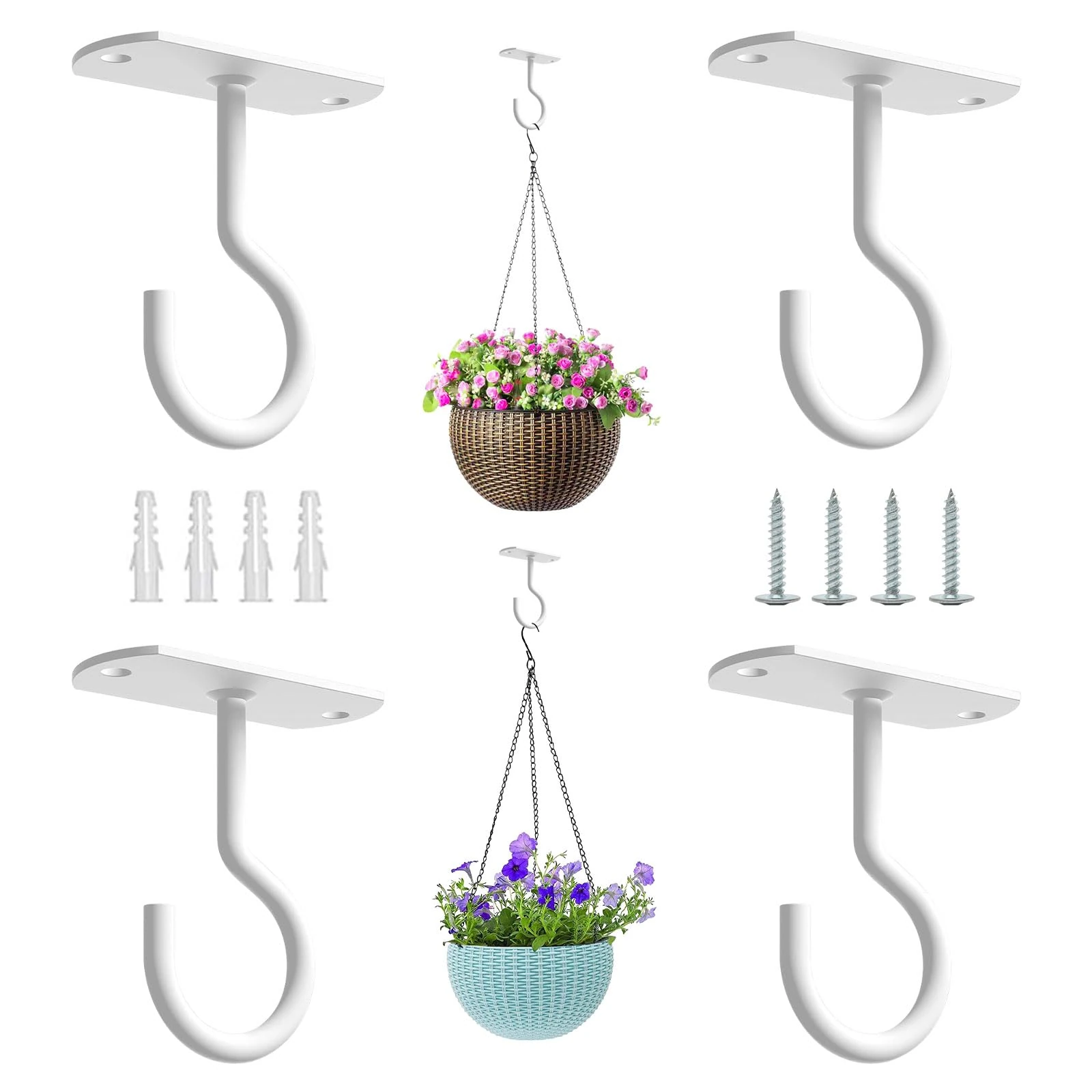 Juibao 4Pcs Ceiling Hooks for Hanging Plants, White Wall Mounted Plant Hangers, Metal Hanging Hooks Bracket for Planters, Lanterns, Wind Chimes, Bird Feeders