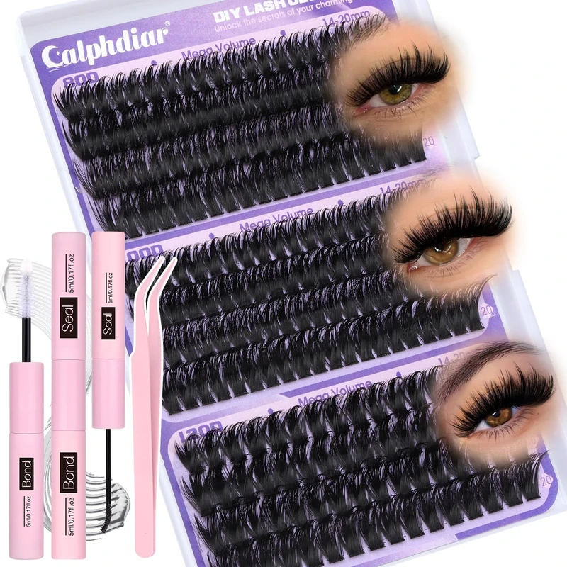 calphdiar Russian Cluster Lashes Kit 14-20mm Long Eyelashes Individual Kit 80D 100D 120D Lashes Individual Clusters Lash Kit Fluffy Volume Eyelash Extension Kit with Lash Bond and Seal Tweezers