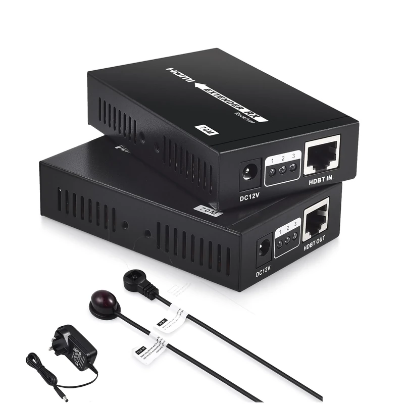 eSynic HDMI Extender over Cat6/Cat7-70m 4K Signal Transmission with Bi-Directional IR, Single Power Input & Metal Housing | Supports 3D/DTS-HD/Dolby Audio | for Home Theatre, Gaming & Office