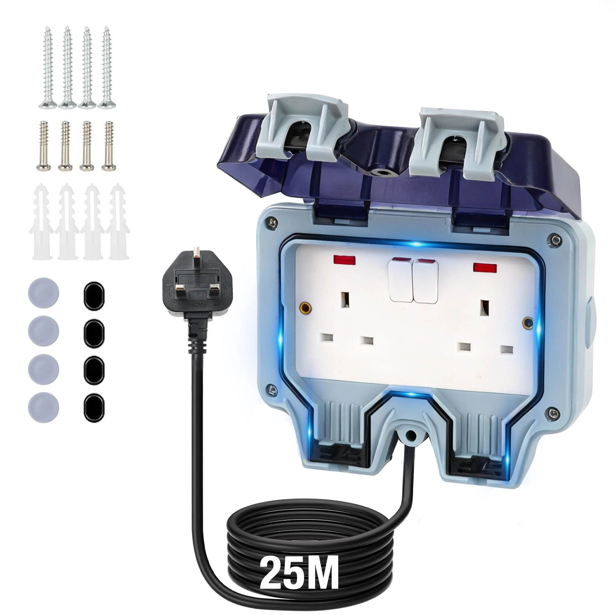 Weatherproof Outdoor Socket Waterproof Double Socket 25M Extension Lead IP66 Switched Wall Electrical Outlet 2 Gang Power Socket,Garden Outside Plug Sockets Cover Box (25m)