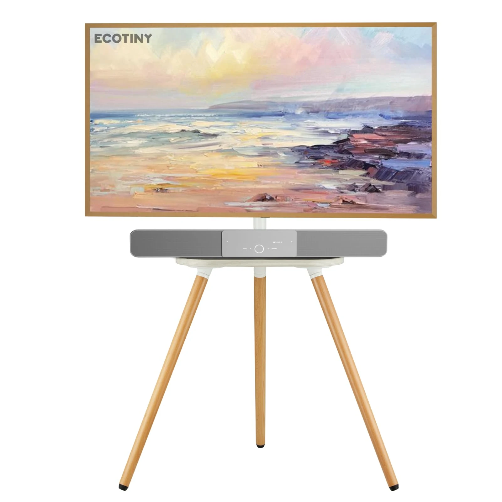 ECOTINY Tripod Easel TV Stand for 43-65" TVs, Height-Adjustable Swivel Corner Floor TV Stand with Wooden Tray, VESA 400x400 LCD/LED/OLED Compatible, Minimalist, White