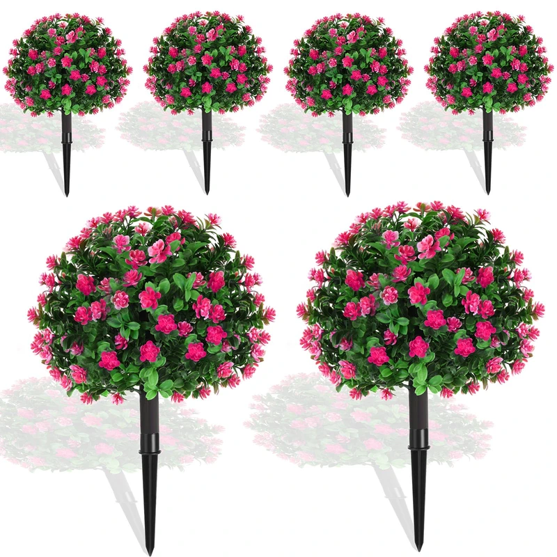 Yunlly Set of 6 Artificial Boxwood Topiary Ball Tree 16 Inch Outdoor Topiary Tree with Flower Fake Bushes, UV Resistance Faux Shrubs Evergreen Plant with Spike for Front Porch Indoor Decor (Pink)