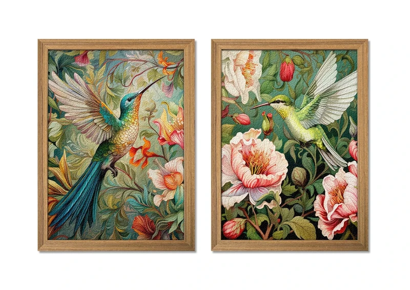 Framed 3D Textured Colorful Wall Art Set of 2 - Hummingbird Aesthetic Paintings, Vintage Botanical Pictures Wall Decor, Nature Flower Canvas Prints for Bedroom Living Room, Hallway 16x24 inch