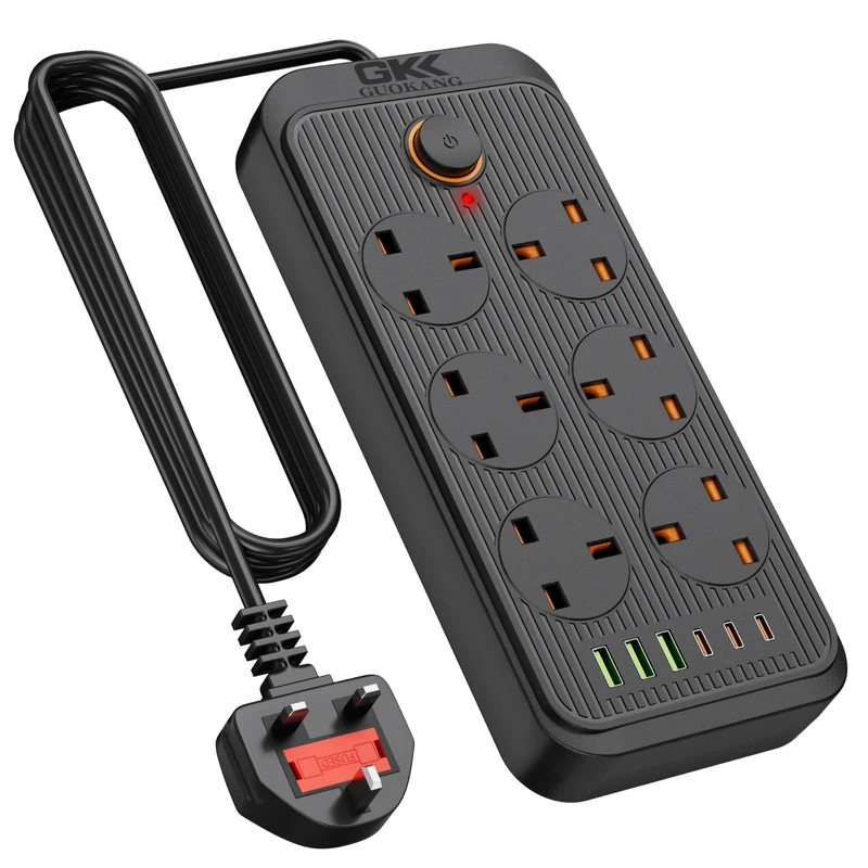 Power Strip Surge Protector with 6 way plug extension Socket, Extension Lead with 3 USB & 3 Type C Slots Ports, Power outlets 2M Extension cord for Home Office Travel