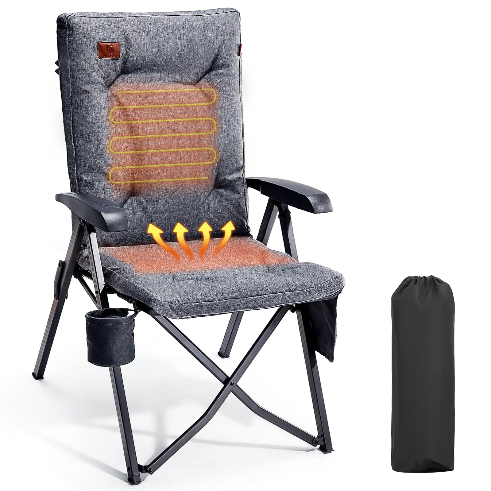 EVER ADVANCED Heated Camping Chairs for Adults Heavy Duty 3 Heat Levels Loadable 150kg High Back Oversized Folding Garden Chair Padded 6cm Comfy with Cup Holder Side Pocket 4-Position Recliner