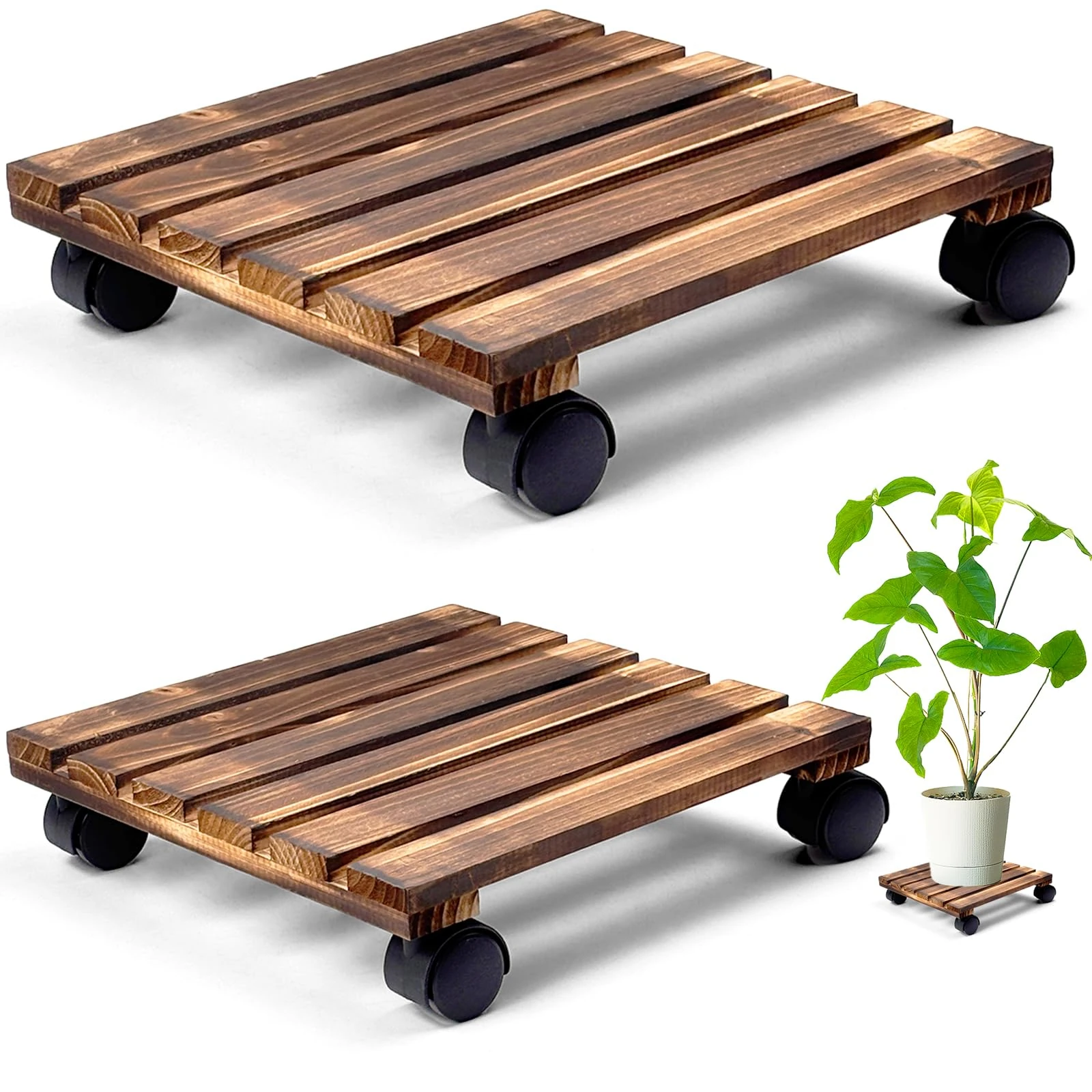 RUHUHUR 2 Pack 30cm Square Wooden Plant Caddy with Wheels,Rolling Plant Stand with Lockable Caster Wheels,Heavy Duty Mobile Plant Holder Plant Trolley for Indoor Outdoor Garden Decor