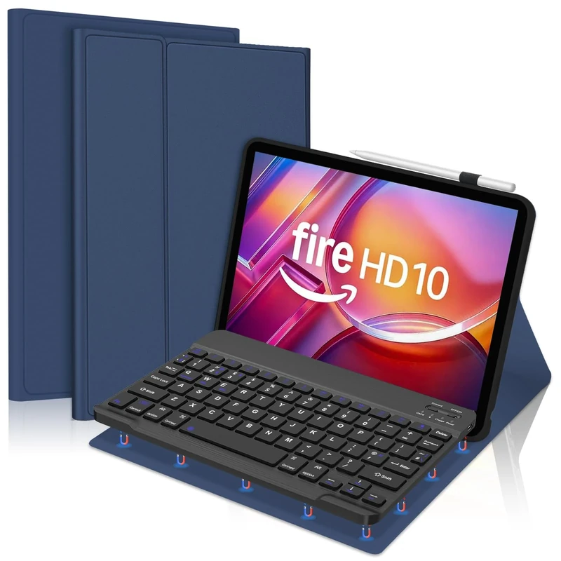 FOGARI Keyboard Case for Fire HD 10 & 10 Plus 10.1 inch (13th/11th Generation 2023/2021), Detachable Bluetooth UK Version Keyboard Cover, Dark Blue